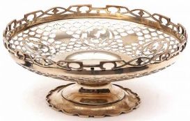 A George V Pedestal Cake Bowl with castellated pierced rim, scale and rondel pierced body, plain