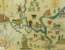 A 20th Century Needlework Picture, River Course with various animals, buildings etc, signed Mary J