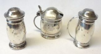 A George V three piece Condiment Set of circular baluster form comprising: Mustard and liner, pair