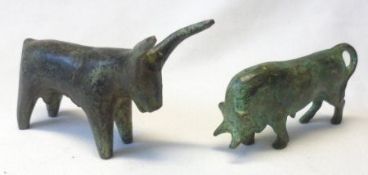 Two Antiquity Style Patinated Bronze Models of Oxen, 3” long and 3 ½” long (2)