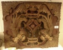 A Chinese Large Treen Partially Gilded Plaque, the centre mount carved with a bat and two Kaolin and