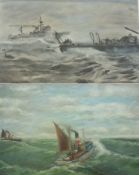 An Oil on Board Study of Lowestoft Trawler 341 in Rough Seas, signed J R Woodhouse; together with