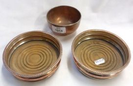 Pair of previously Silver Plated (on copper) Circular Coasters with treen centres, approximately