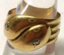 A George V hallmarked 18ct Gold Double-Headed Serpent Ring, the heads set with small Old Cut