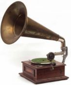 A Crown Table Top Gramophone, Mahogany cased turntable, fitted with brass horn