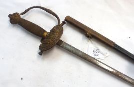 Victorian Court Sword, etched rusted in parts blade 31”, wire-bound grip, metal-mounted leather