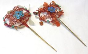 A pair of Oriental Wirework and Silk-covered Hair Ornaments, of openwork design, have floral centres