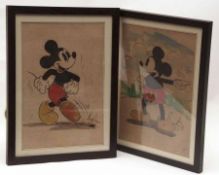 A pair of 1930s Mickey Mouse Watercolours, each with indistinct caption, housed within glazed frames