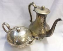 A Victorian Electroplated engraved bullet-shaped Teapot (plating partially worn); together with a