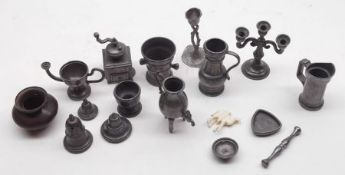 A small collection of Pewter Dolls House Miniatures, to include Coffee Grinder, Candlesticks,
