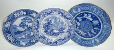 A Mixed Group: three 19th Century blue and white Plates, to include one Rogers decorated with deer