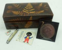 A Vintage Lacquered and fern decorated Box containing Medallion etc