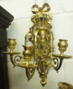 A Neo-Classical Style Three Branch Gilt Metal Wall Sconce with ribbon mounts, 15” high