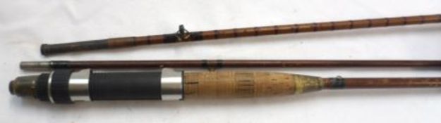 Vintage Ogden Smith three-piece Split Cane 8ft Fishing Rod with attachment for spinning rod