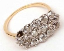 A unmarked precious metal Designer type all Diamond set Panel Fronted Ring, featuring fifteen (of