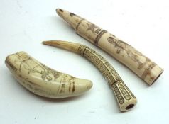 A Mixed Lot comprising: two Resin Scrimshaws and a further Carved Bone Handle (3)