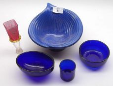 An unusual decorative Blue Pottery Dish of shell form; a further Cranberry Tinted Ribbed Spill