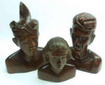 A collection of three Hardwood Busts of Eastern origin, 6”/8” high (3)
