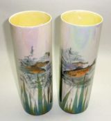 A pair of Royal Doulton Cylinder Vases, lustre decorated in colours with fish and seaweed, incised