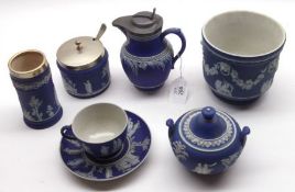 A Group of Seven various pieces of Wedgwood Blue Jasperware, comprising Small Jardinière; Pewter-