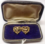 A late 19th Century yellow metal Double Heart “Mizpah” Brooch, stamped “9ct”, 30mm x 16mm maximum