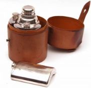 An interesting mid-20th Century Cylindrical Leather Cased Travelling Set, comprising Cocktail Shaker