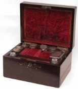 A Victorian Rosewood Travelling Vanity Box with fitted interior, containing a selection of jars,