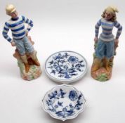 A Meissen small shaped Oval Dish and further circular Teapot Stand, each decorated in blue with