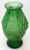 A Belgian Large Geometrically Shaped Green Glass Vase, foot inscribed “Scoil Mont HH”, 13 ½” high