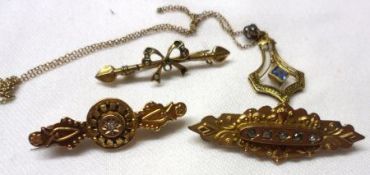 A Mixed Lot of three various Victorian Bar Brooches and an Edwardian blue stone set Pendant with