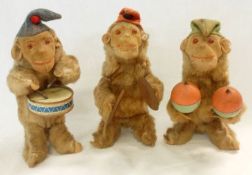 Three mid-20th Century Max Carl Plush Covered Clockwork Monkey Band Figures, to include drummer,
