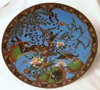 A Cloisonné Circular Plate, the centre well-decorated in colours with birds amidst foliage on a pale