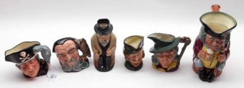 A Collection of six Royal Doulton Character Jugs: “Jolly Toby”, 6 ½” high and “Winston Churchill”, 5