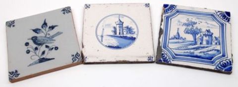 Two 18th Century Delft Tiles, each decorated with various scenes; and a further later example, all