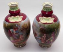 A pair of Vienna Decorative Baluster Vases, each decorated in colours with panels of figures in 19th