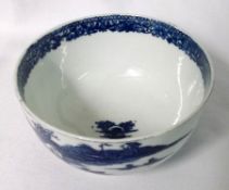 A small 18th Century Circular Bowl, printed in blue with a Chinese river scene, 5” diameter