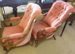 A pair of Victorian Mahogany Framed Scroll Armchairs, upholstered in pink button back fabric, raised