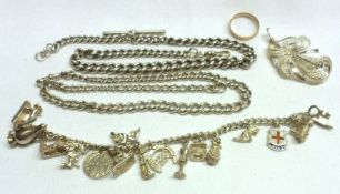 A packet of assorted items including, white metal Charm Bracelet, two hallmarked Silver Curb Link