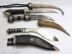 Moroccan Jambiya, curved blade 8 ¼”, metal-mounted wooden grip, metal sheath + Gurkha Kukri, metal-