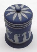 A Wedgwood Blue Jasperware Covered Jar, typically decorated with classical scenes, 5” high