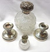 A Mixed Lot: a spherical hobnail cut Scent Bottle with push-on embossed Silver lid, 3 ¾” tall,