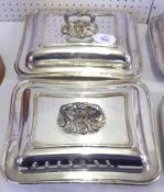 A pair of early/mid-19th Century Sheffield Plated Entrée Dishes and Lids, of shaped rectangular form