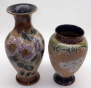 Two Royal Doulton Stoneware Baluster Vases, one overlaid with extensive floral spray on a leather-