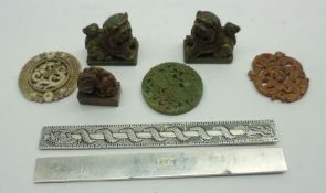 Two Vintage Oriental Silver Plated Rulers; Soapstone Medallions; Table Seal crested with a Kaolin;