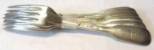 A matched set of six Victorian Table Forks, double-struck Fiddle and Thread pattern, 8” long; five