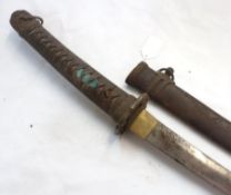 Japanese Sword, curved blade 23”, brass Tsuba, cord-bound sharkskin grip, metal scabbard