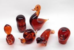 A collection of six Amber Glass Paperweights, all modelled as various animals, possibly Wedgwood