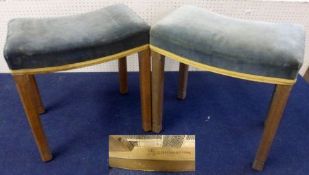 Two Limed Oak 1953 Coronation Stools, with blue upholstered and braided seats, raised on chamfered