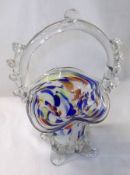 A Studio Glass Basket with clear handle and embossed feet, 9” high