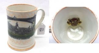 A Sunderland Lustre Frog Mug, decorated on one side with a view of the Bridge over the River Wear at